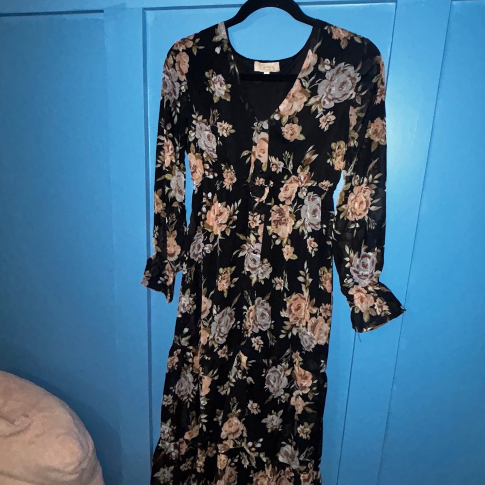 Indigo Cream and Pink Bell Sleeve Maxi Sundress